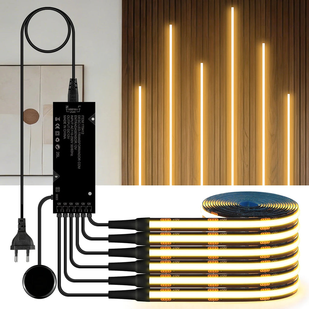 Bande lumineuse LED PCB noire à intensité variable tactile, bande COB pour calandre acoustique en bois de noyer, panneau mural de fond de télévision et décor d'armoire Sunova Home